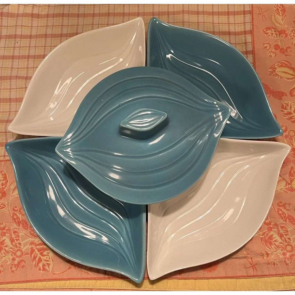 Vtg MCM California Pottery Serving Set L34 Aqua White Relish Appetizer Bowls 6pc